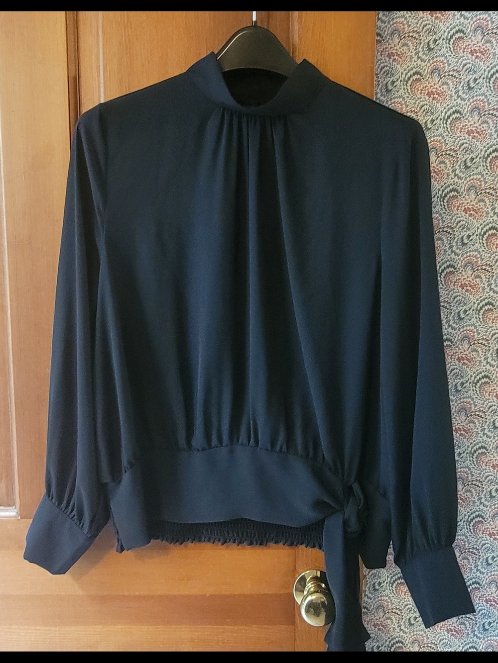 Ann Taylor Womens Large Black Mixed Media Smocked Tie Waist Mock Neck Blouse